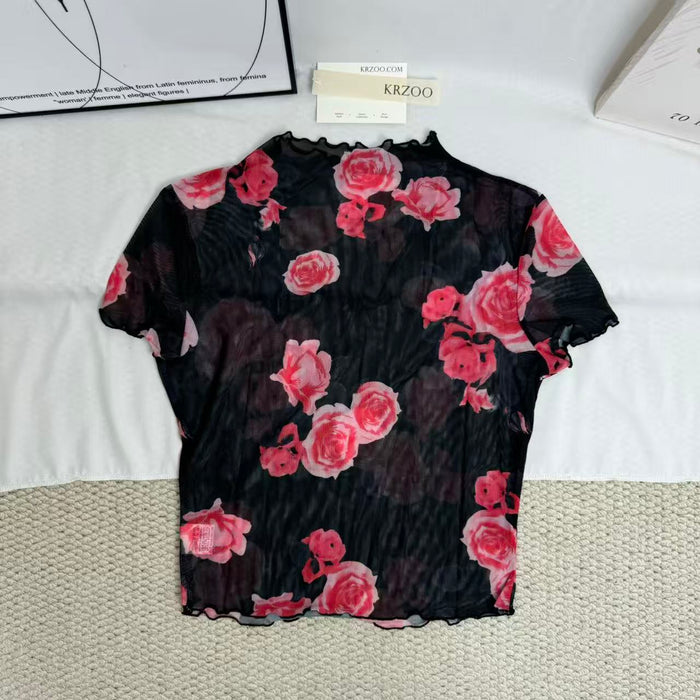 Mesh T-Shirt with Floral Print and Short Sleeves