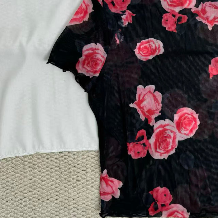 Mesh T-Shirt with Floral Print and Short Sleeves