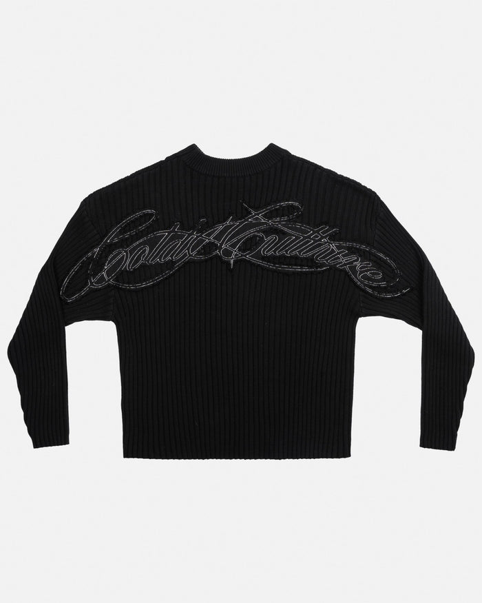 MESSY KNIT BLACK - black ribbed knit sweater, back view - Cold Culture