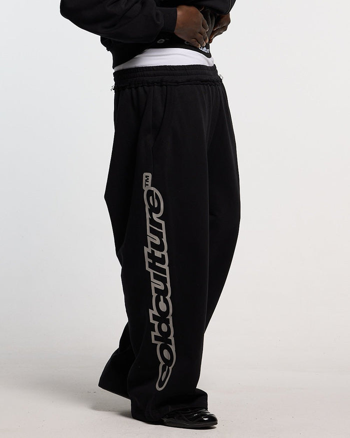MIDNIGHT SET SWEATPANT BLACK - black logo print sweatpants, side view - Cold Culture #man