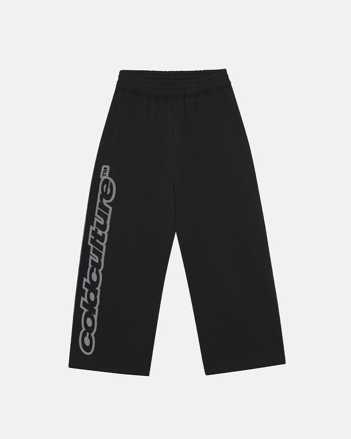 MIDNIGHT SET SWEATPANT BLACK - black logo print sweatpants, front view - Cold Culture