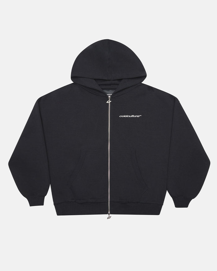MIDNIGHT SET ZIP UP BLACK - black zip-up hoodie, front view - Cold Culture