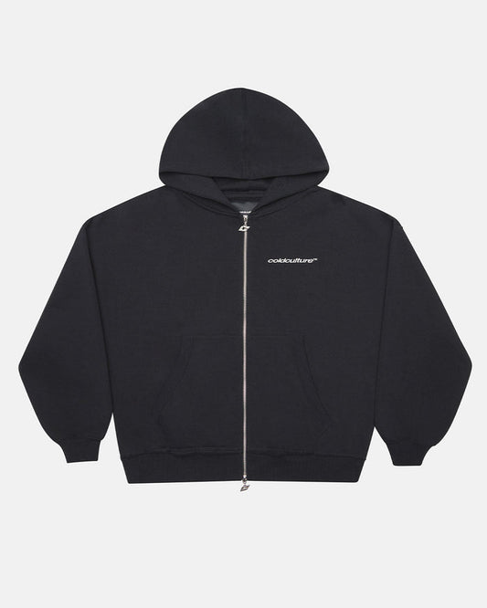 MIDNIGHT SET ZIP UP BLACK - black zip-up hoodie, front view - Cold Culture