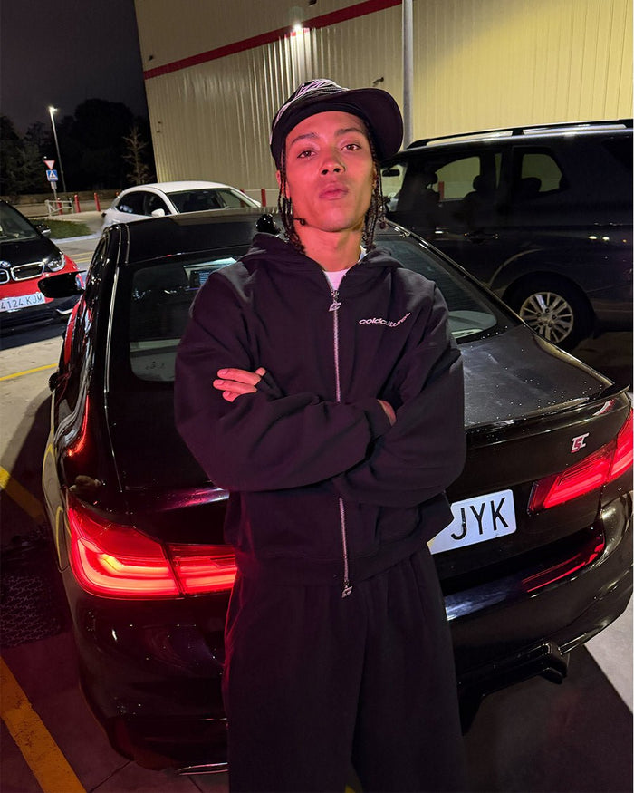 MIDNIGHT SET ZIP UP BLACK - black zip-up hoodie, street style shot - Cold Culture