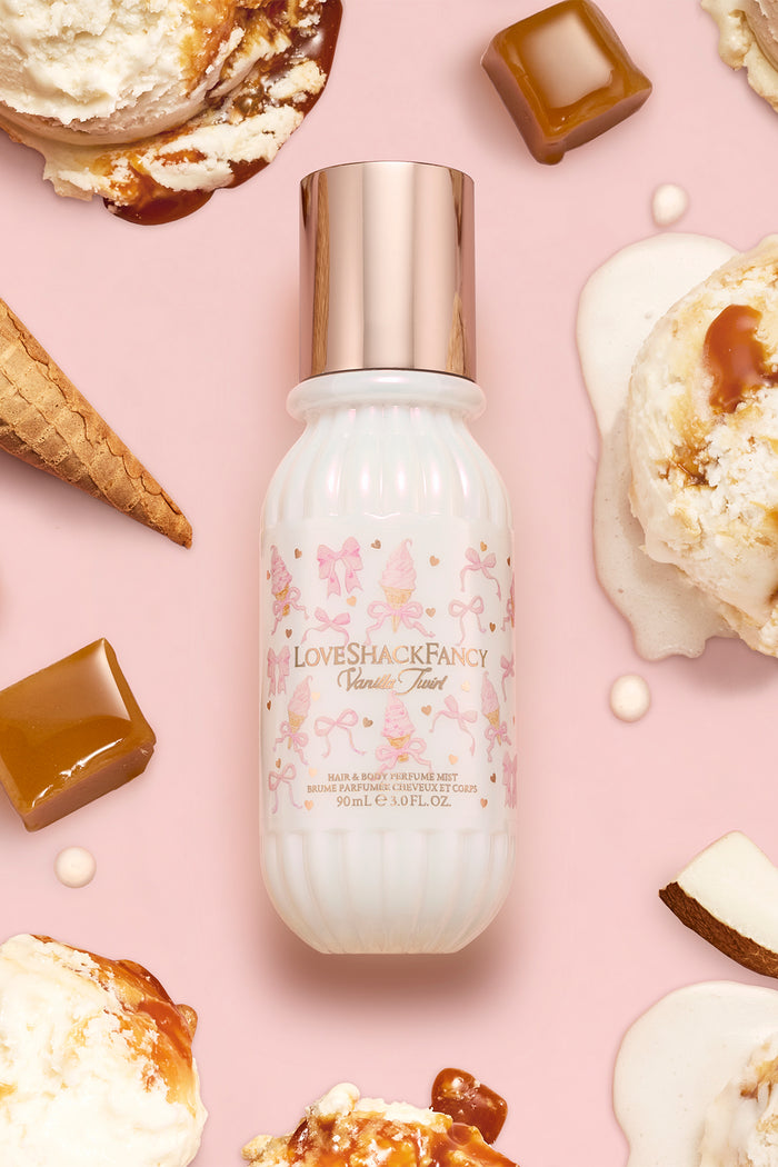 Loveshackfancy bottle with ice cream-themed packaging on a pink background
