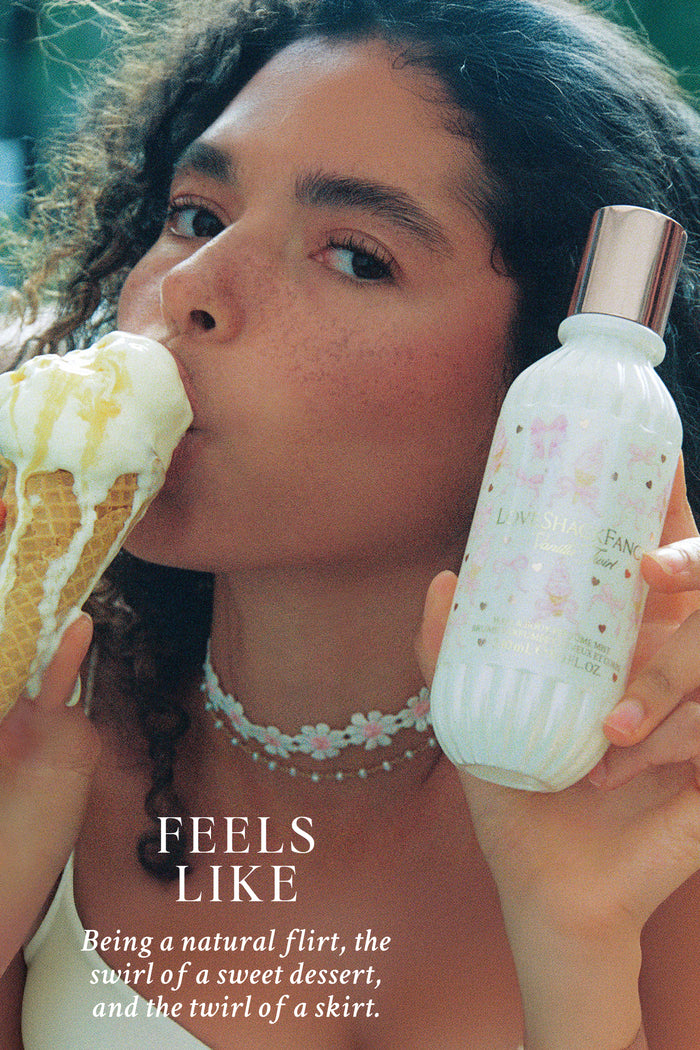 Person holding a bottle of perfume and an ice cream cone with text describing the fragrance.