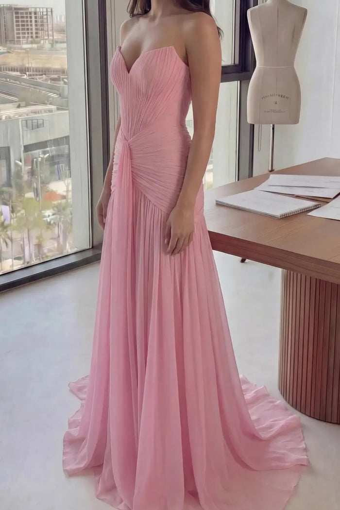 Minimalist Blush Pink Pleated Chiffon Strapless Evening Dress SF057 Sheer Fairy