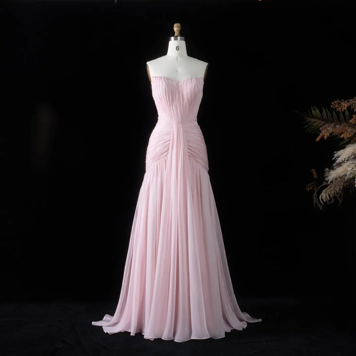 Minimalist Blush Pink Pleated Chiffon Strapless Evening Dress SF057 Sheer Fairy