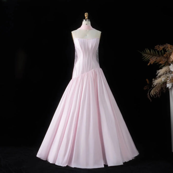 Minimalist Sky Blue Satin Strapless Ball Gown Evening Dress SF036 Sheer Fairy