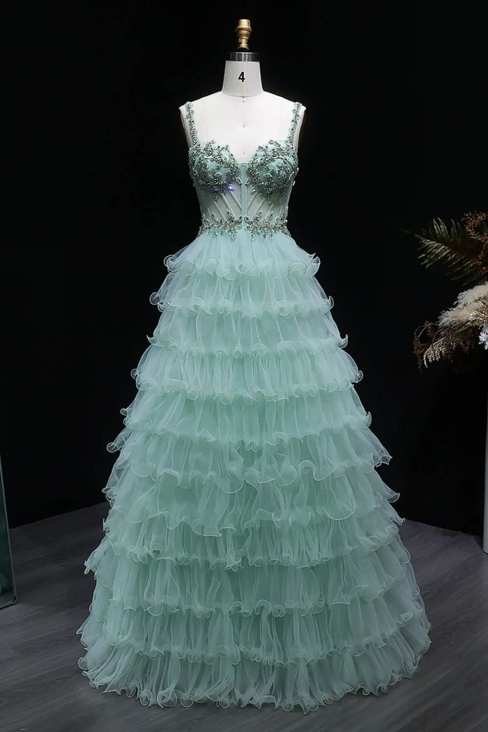 Mint Sage Green Spaghetti Strap 3D Floral Tiered Tulle Prom Dress SH054 Sheer Fairy
