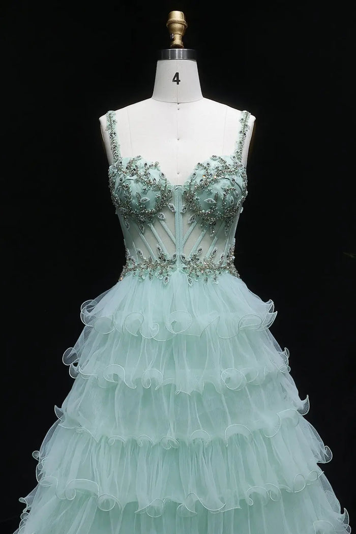 Mint Sage Green Spaghetti Strap 3D Floral Tiered Tulle Prom Dress SH054 Sheer Fairy