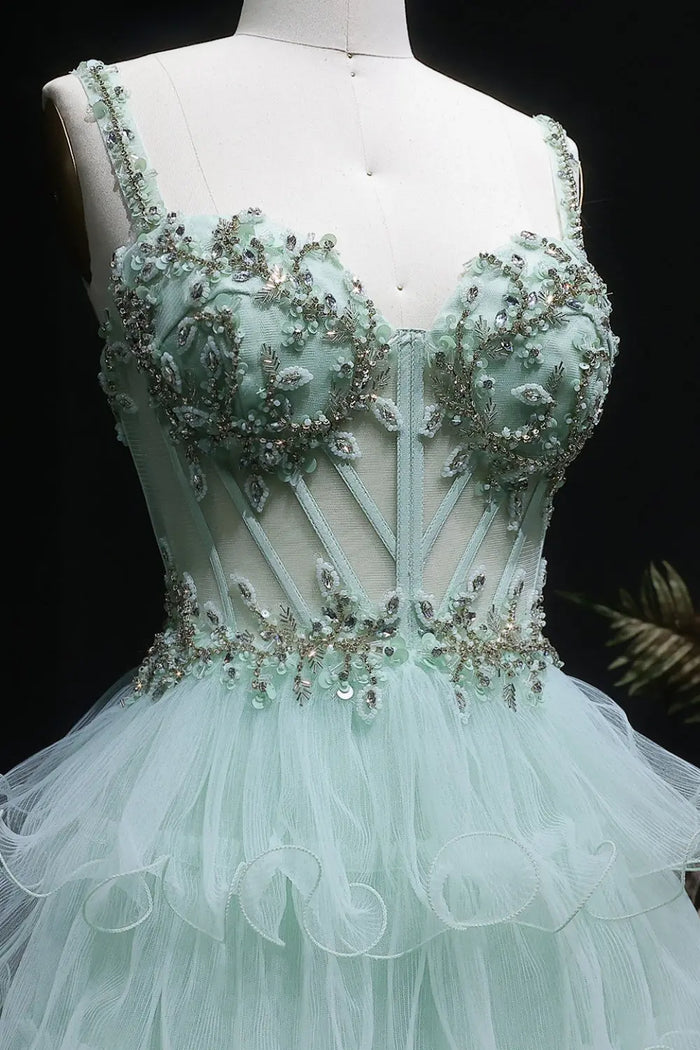 Mint Sage Green Spaghetti Strap 3D Floral Tiered Tulle Prom Dress SH054 Sheer Fairy