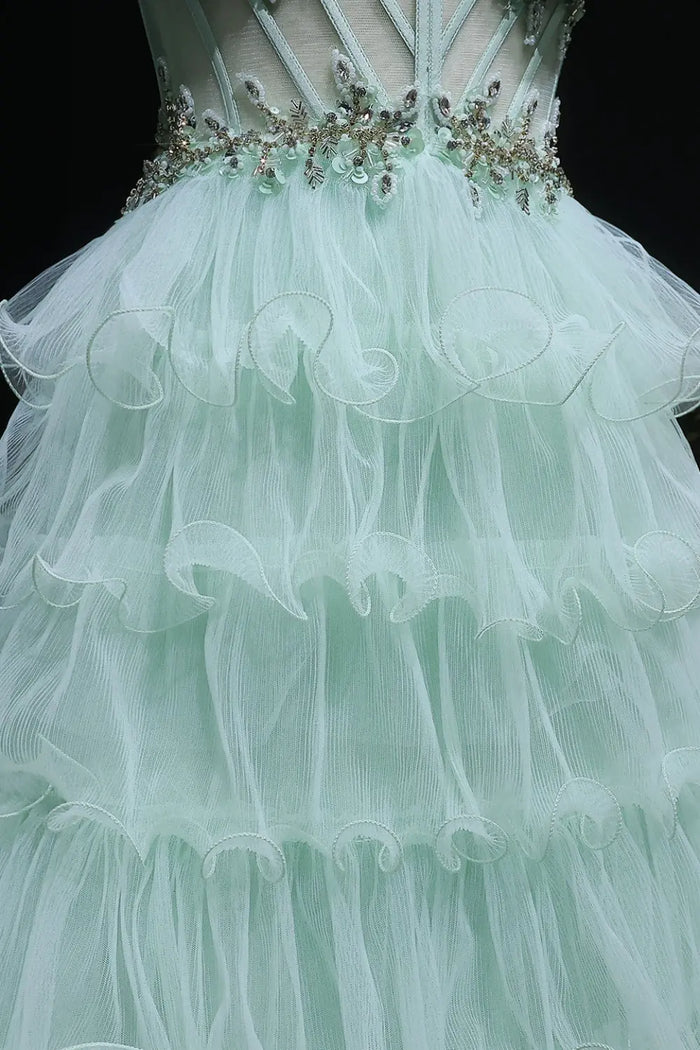 Mint Sage Green Spaghetti Strap 3D Floral Tiered Tulle Prom Dress SH054 Sheer Fairy