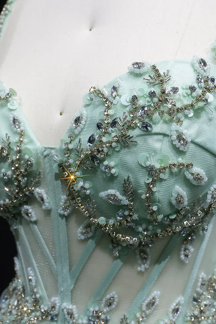 Mint Sage Green Spaghetti Strap 3D Floral Tiered Tulle Prom Dress SH054 Sheer Fairy