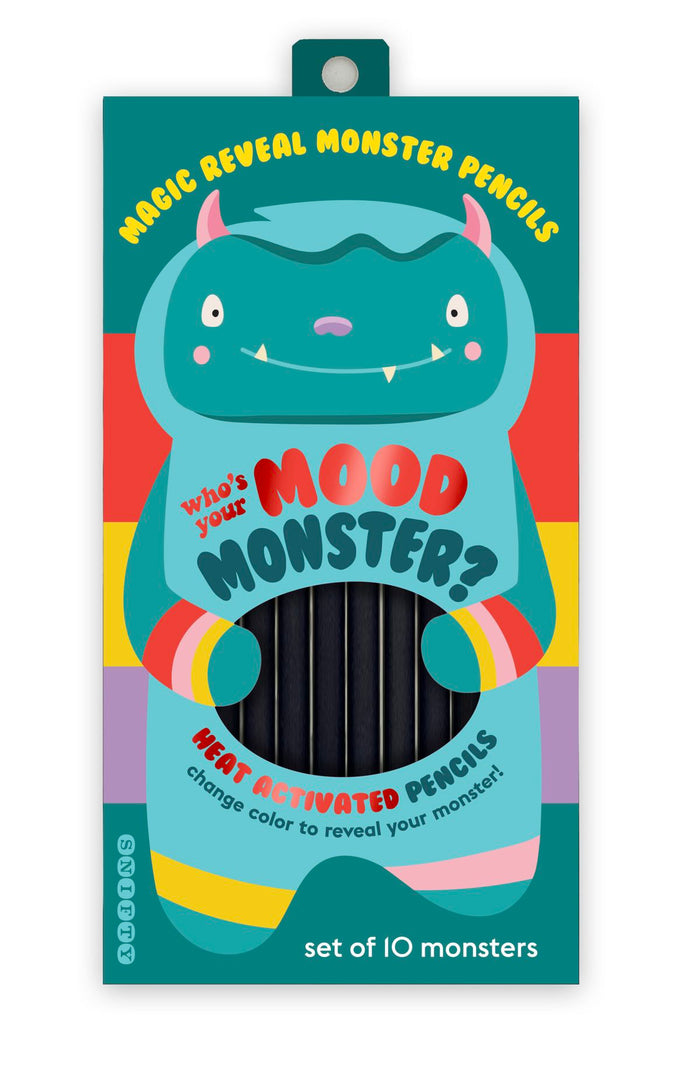 Packaging of 'Mood Monster' pencils with a colorful design on a white background