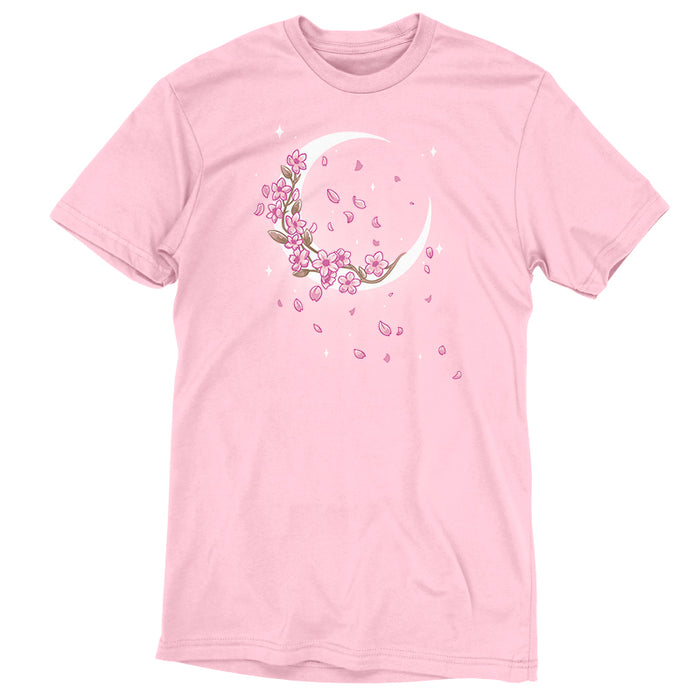 Premium Cotton T-shirt_TeeTurtle light pink Moon Blossoms apparel featuring an artistic crescent moon with cherry blossoms on it and petals all around.
