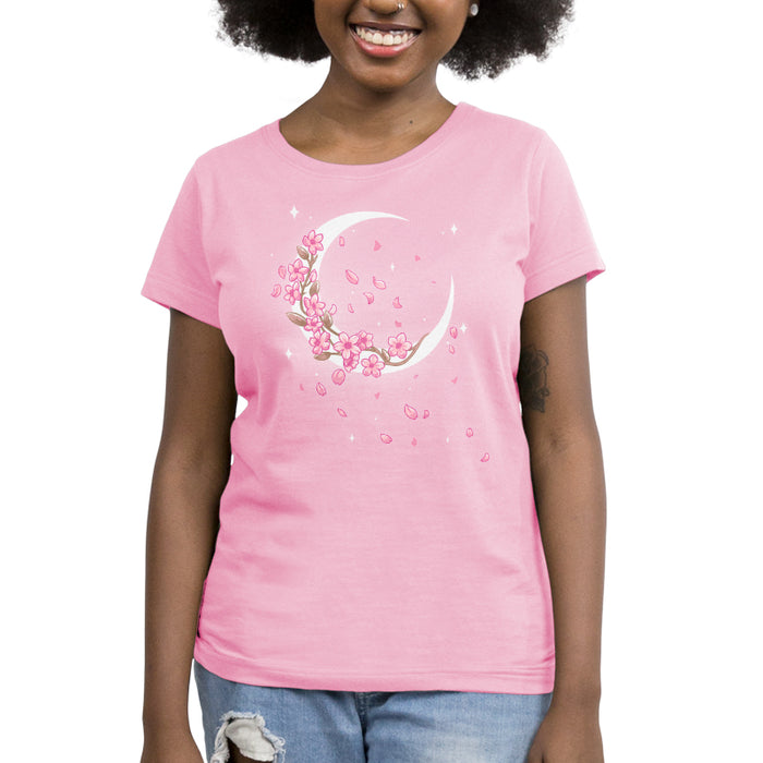 Premium Cotton T-shirt_TeeTurtle light pink Moon Blossoms apparel featuring an artistic crescent moon with cherry blossoms on it and petals all around.