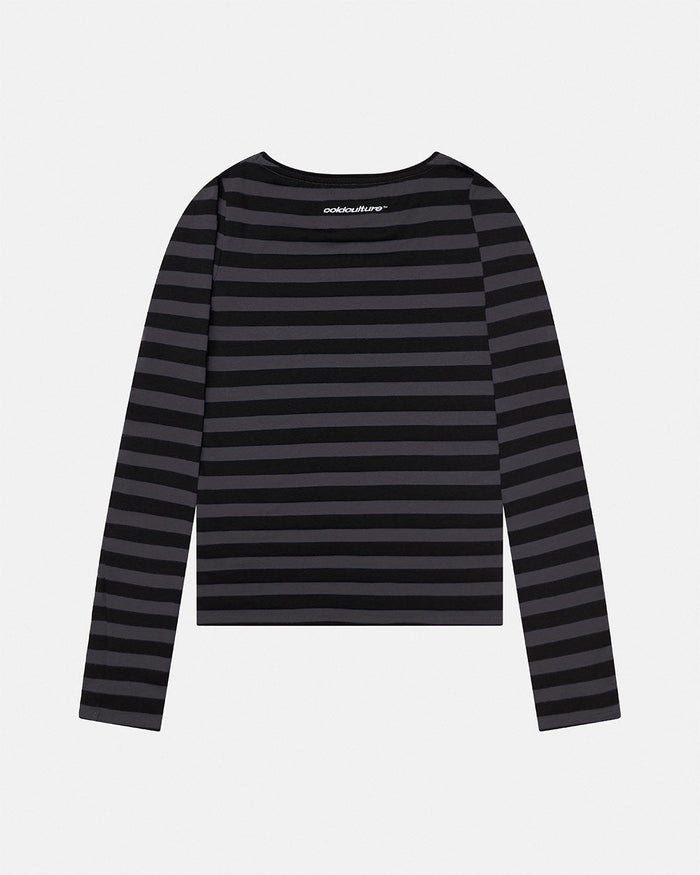 MOONLINE LONGSLEEVE TOP GREY - grey striped longsleeve tee, back view - Cold Culture