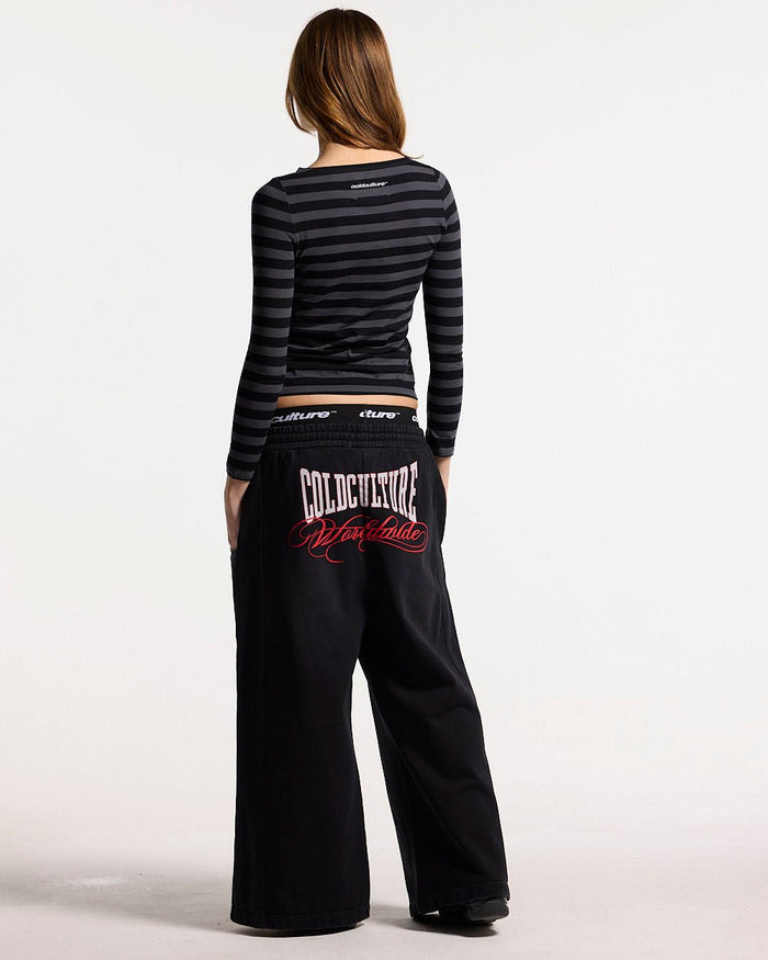 MOONLINE LONGSLEEVE TOP GREY - grey striped longsleeve tee, back view on female model - Cold Culture #woman