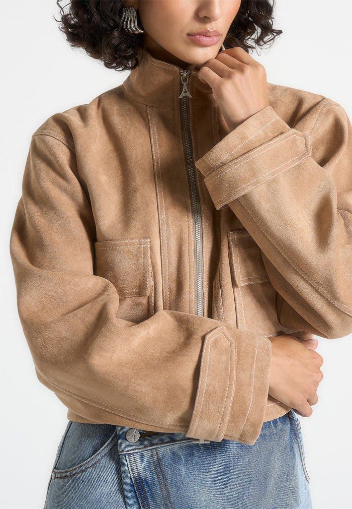 nawel-suede-contrast-stitch-jacket-with-cinched-hem-beige
