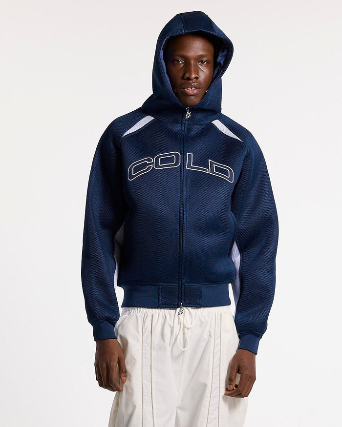 NEO ZIP JACKET WHITE & BLUE - navy and white zip jacket, front view on male model - Cold Culture #man