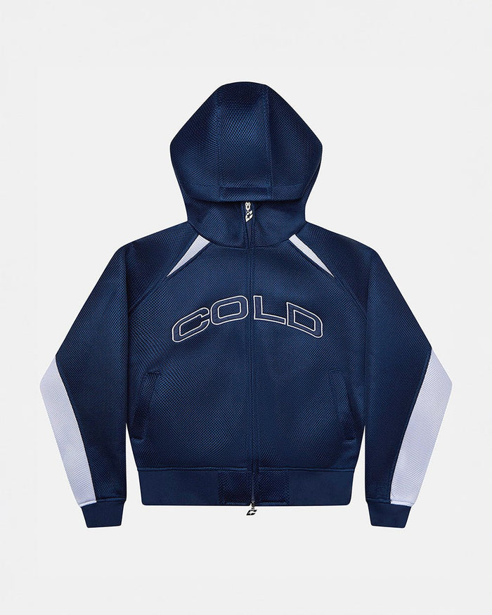 NEO ZIP JACKET WHITE & BLUE - navy and white zip jacket, front view - Cold Culture