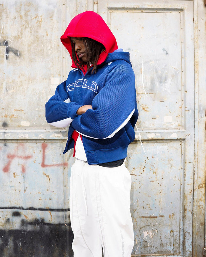 NEO ZIP JACKET WHITE & BLUE - navy and white zip jacket, street style shot - Cold Culture