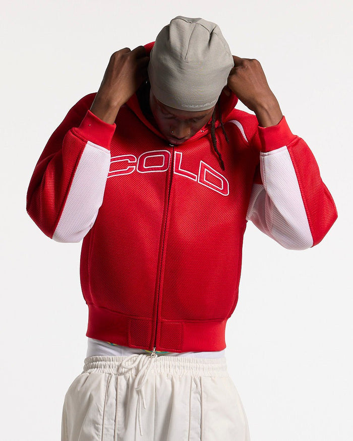 NEO ZIP JACKET WHITE & RED - red and white zip jacket, front view on male model - Cold Culture #man