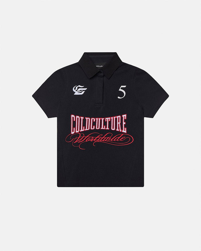 NIA SET POLO BLACK - black graphic print polo shirt, front view - Cold Culture