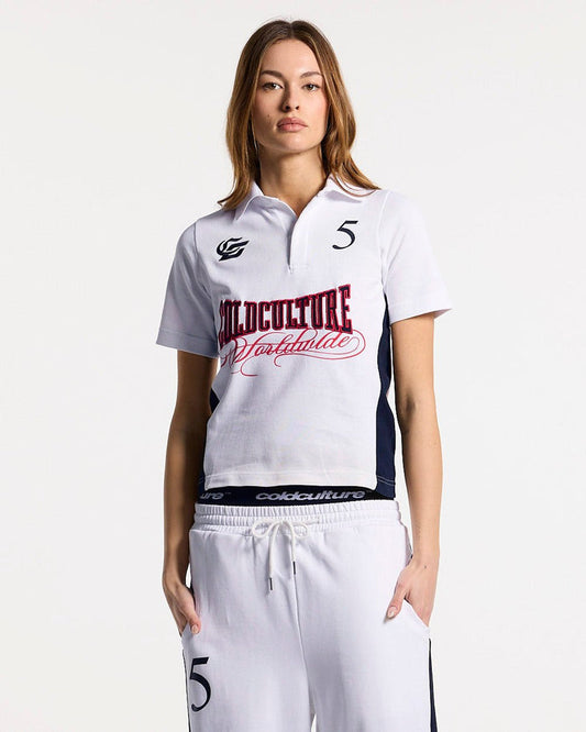 NIA SET POLO WHITE & BLACK - white and black polo shirt, front view on female model - Cold Culture #woman