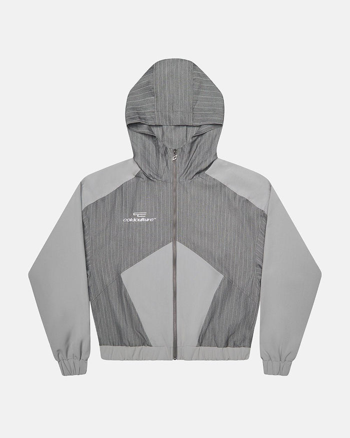 NOT FORMAL SET JACKET GREY - grey pinstripe track jacket, front view - Cold Culture