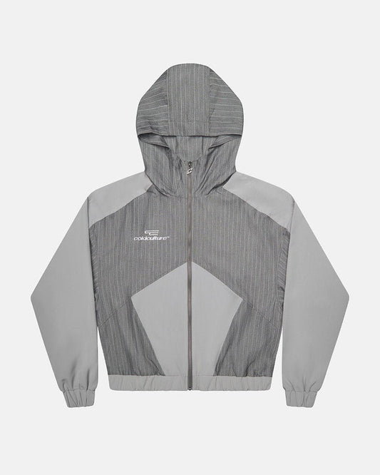 NOT FORMAL SET JACKET GREY - grey pinstripe track jacket, front view - Cold Culture
