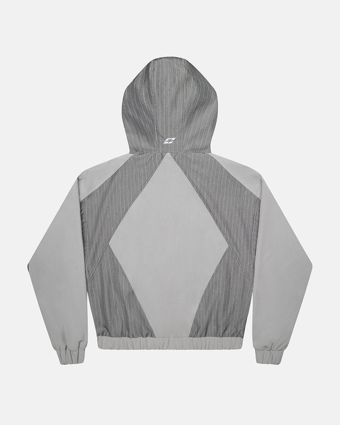 NOT FORMAL SET JACKET GREY - grey pinstripe track jacket, back view - Cold Culture