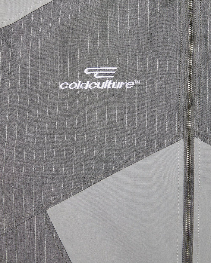 NOT FORMAL SET JACKET GREY - grey pinstripe track jacket, detail close-up - Cold Culture