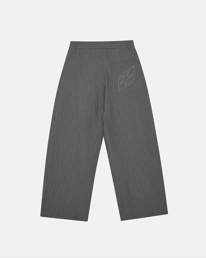 NOT FORMAL SET PANTS GREY - grey pinstripe pants, back view - Cold Culture