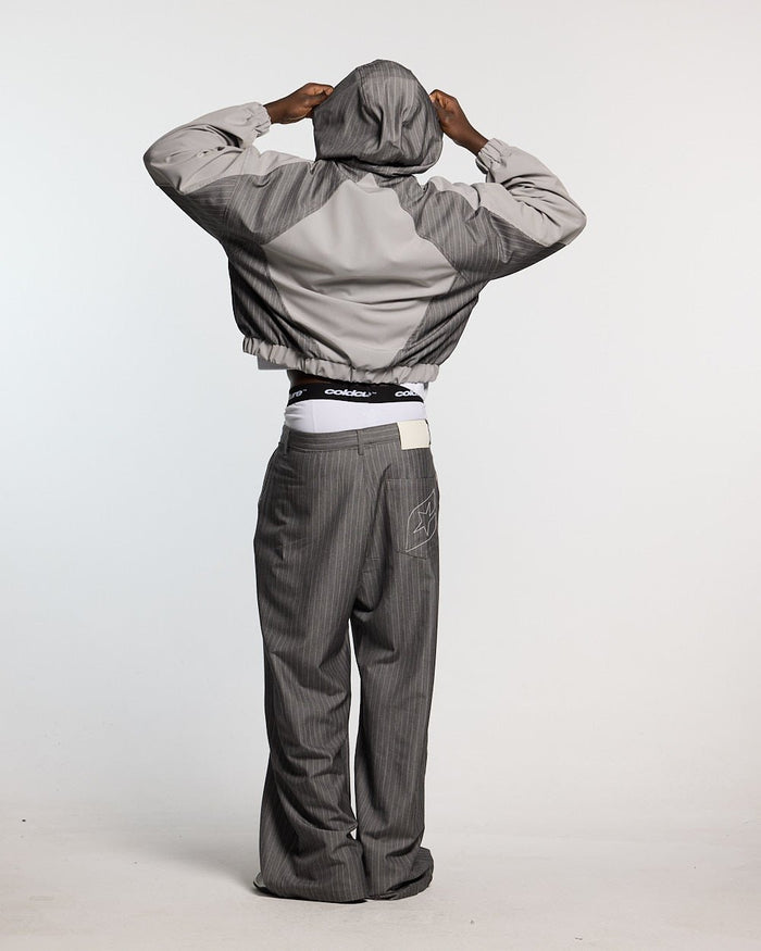 NOT FORMAL SET PANTS GREY - grey pinstripe pants, back view on male model - Cold Culture #man