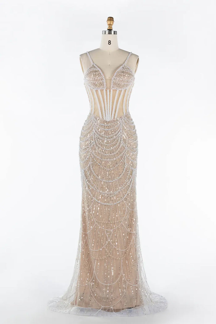 Nude Sequin Embellished Corset Spaghetti Strap Evening Gown ST042 Sheer Fairy