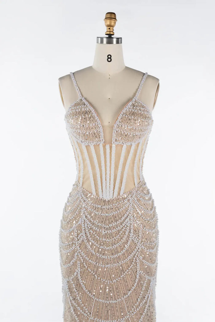 Nude Sequin Embellished Corset Spaghetti Strap Evening Gown ST042 Sheer Fairy