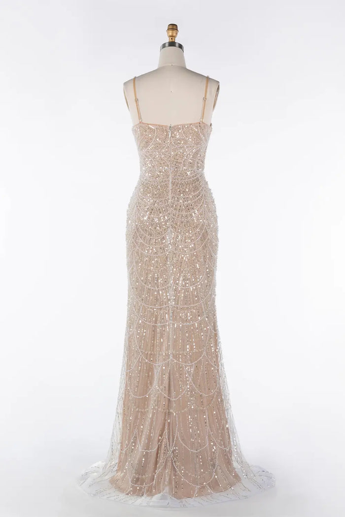 Nude Sequin Embellished Corset Spaghetti Strap Evening Gown ST042 Sheer Fairy