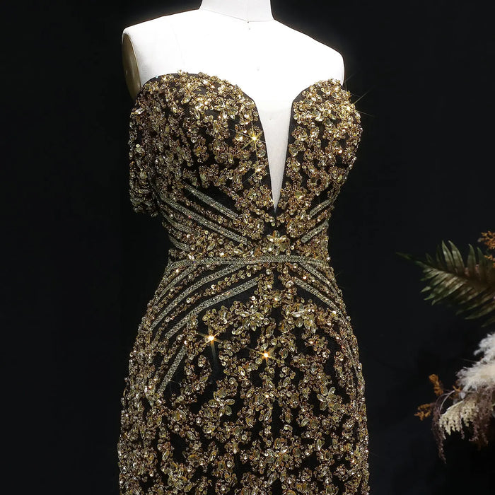 Off the Shoulder Gold Sequin Embellished Black Mini Party Homecoming Dress RM131 Sheer Fairy