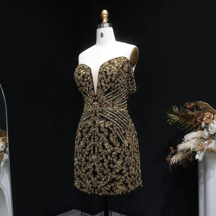 Off the Shoulder Gold Sequin Embellished Black Mini Party Homecoming Dress RM131 Sheer Fairy