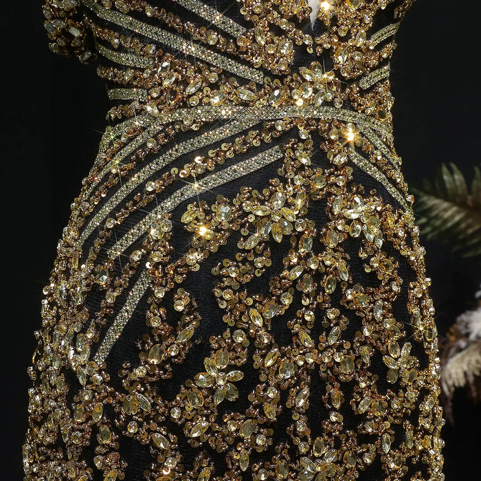 Off the Shoulder Gold Sequin Embellished Black Mini Party Homecoming Dress RM131 Sheer Fairy