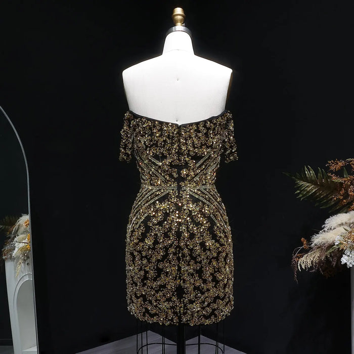 Off the Shoulder Gold Sequin Embellished Black Mini Party Homecoming Dress RM131 Sheer Fairy