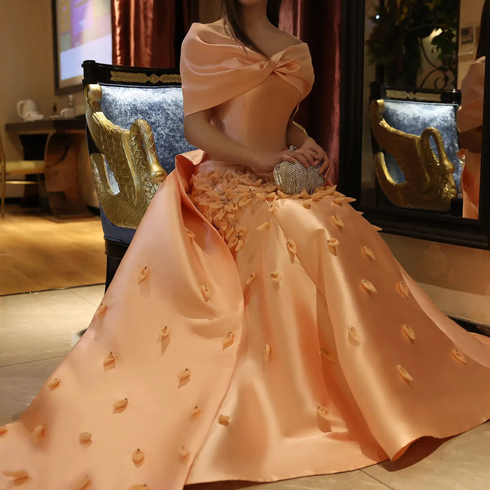 Off-the-Shoulder Long Pink Satin Mermaid Evening Dress with Floral Appliqués SS464 Sheer Fairy