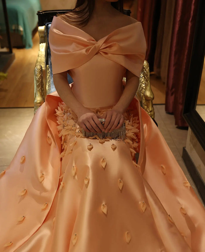 Off-the-Shoulder Long Pink Satin Mermaid Evening Dress with Floral Appliqués SS464 Sheer Fairy