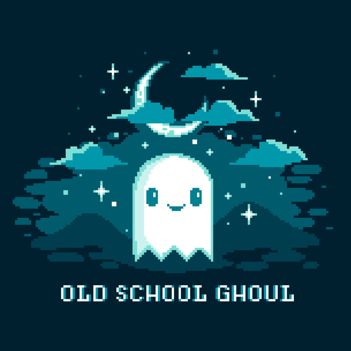 Premium Cotton T-shirt_TeeTurtle Old School Ghoul navy blue t-shirt featuring a spooky pixel art smiling ghost under a crescent moon and stars with text "Old School Ghoul" below in this Halloween and video game design..