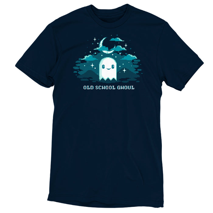 Premium Cotton T-shirt_TeeTurtle Old School Ghoul navy blue t-shirt featuring a spooky pixel art smiling ghost under a crescent moon and stars with text "Old School Ghoul" below in this Halloween and video game design.