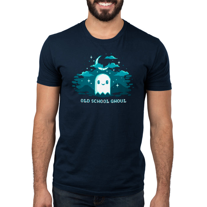 Premium Cotton T-shirt_TeeTurtle Old School Ghoul navy blue t-shirt featuring a spooky pixel art smiling ghost under a crescent moon and stars with text "Old School Ghoul" below in this Halloween and video game design.