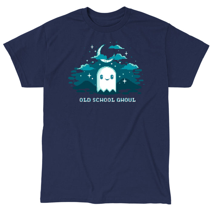 Classic Cotton T-shirt_TeeTurtle Old School Ghoul navy blue t-shirt featuring a spooky pixel art smiling ghost under a crescent moon and stars with text "Old School Ghoul" below in this Halloween and video game design.