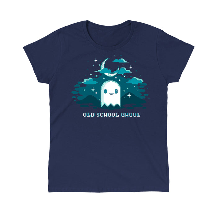 Classic Cotton T-shirt_TeeTurtle Old School Ghoul navy blue t-shirt featuring a spooky pixel art smiling ghost under a crescent moon and stars with text "Old School Ghoul" below in this Halloween and video game design.